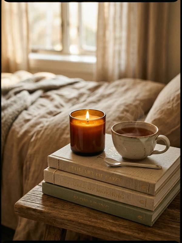 Cozy bedroom candle and books vignette