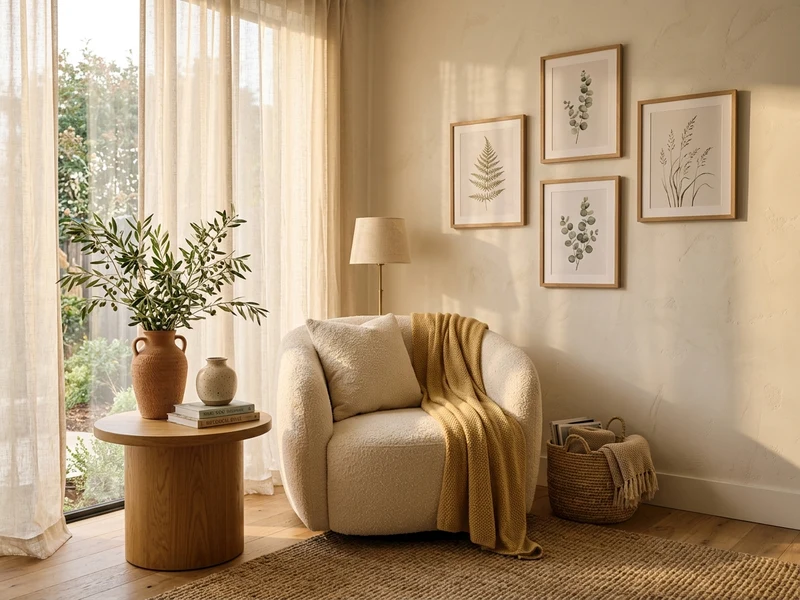 Warm cozy living room with boucle armchair, ceramic vase with olive branches, and natural linen curtains