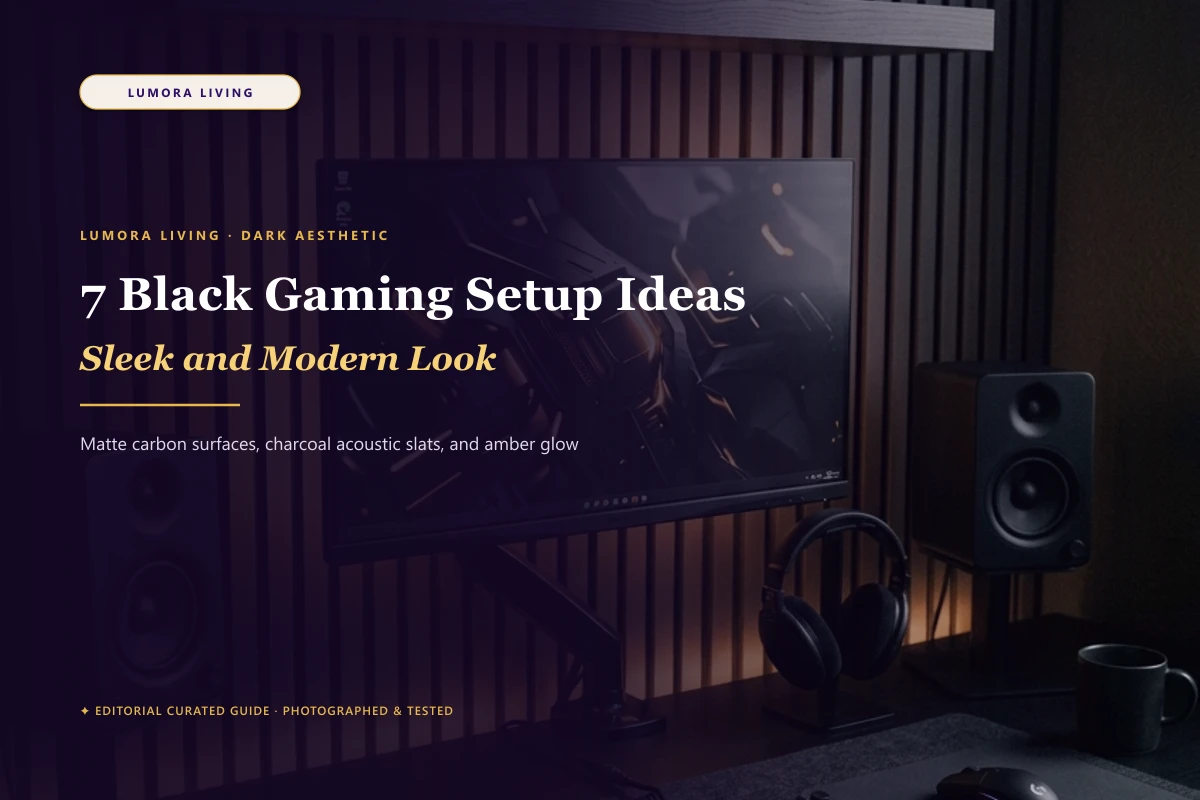 Sleek all-black gaming desk with matte black desktop, dark vertical slats, and warm amber light